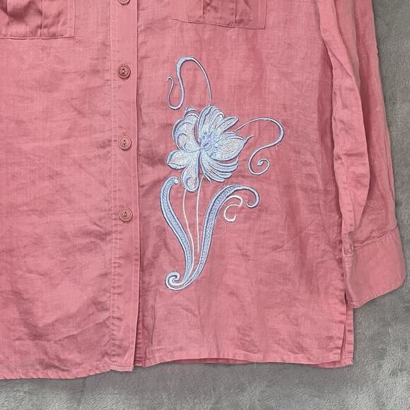 Allison Taylor Linen Silk Trim Pink Button Down Embroidery Long Sleeve Blouse M - Picture 3 of 12